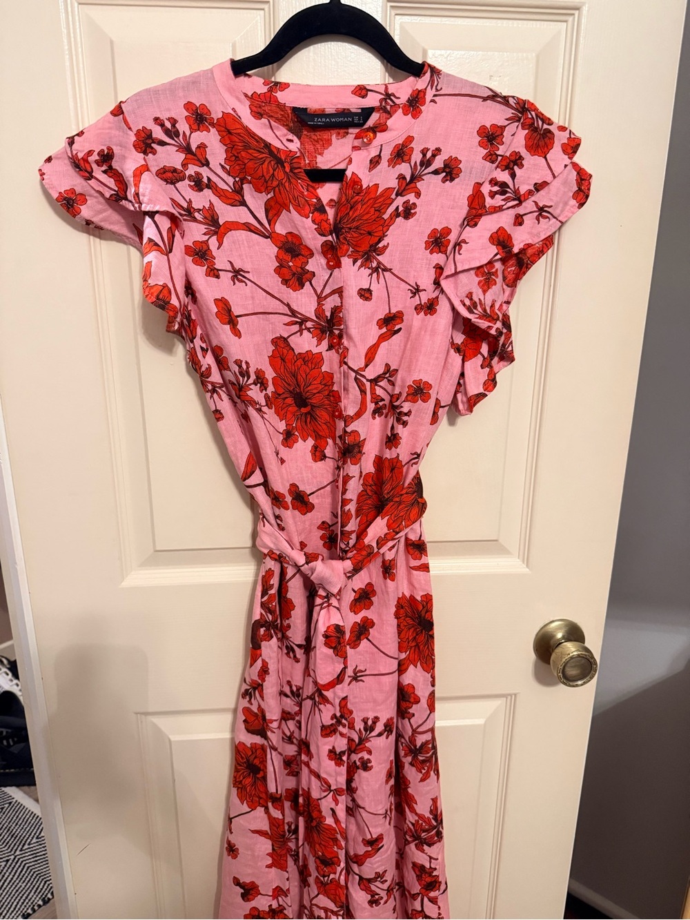 Zara Women’s 100% linen Pink Floral Cherry Blossom Pink/Red Dress sz s